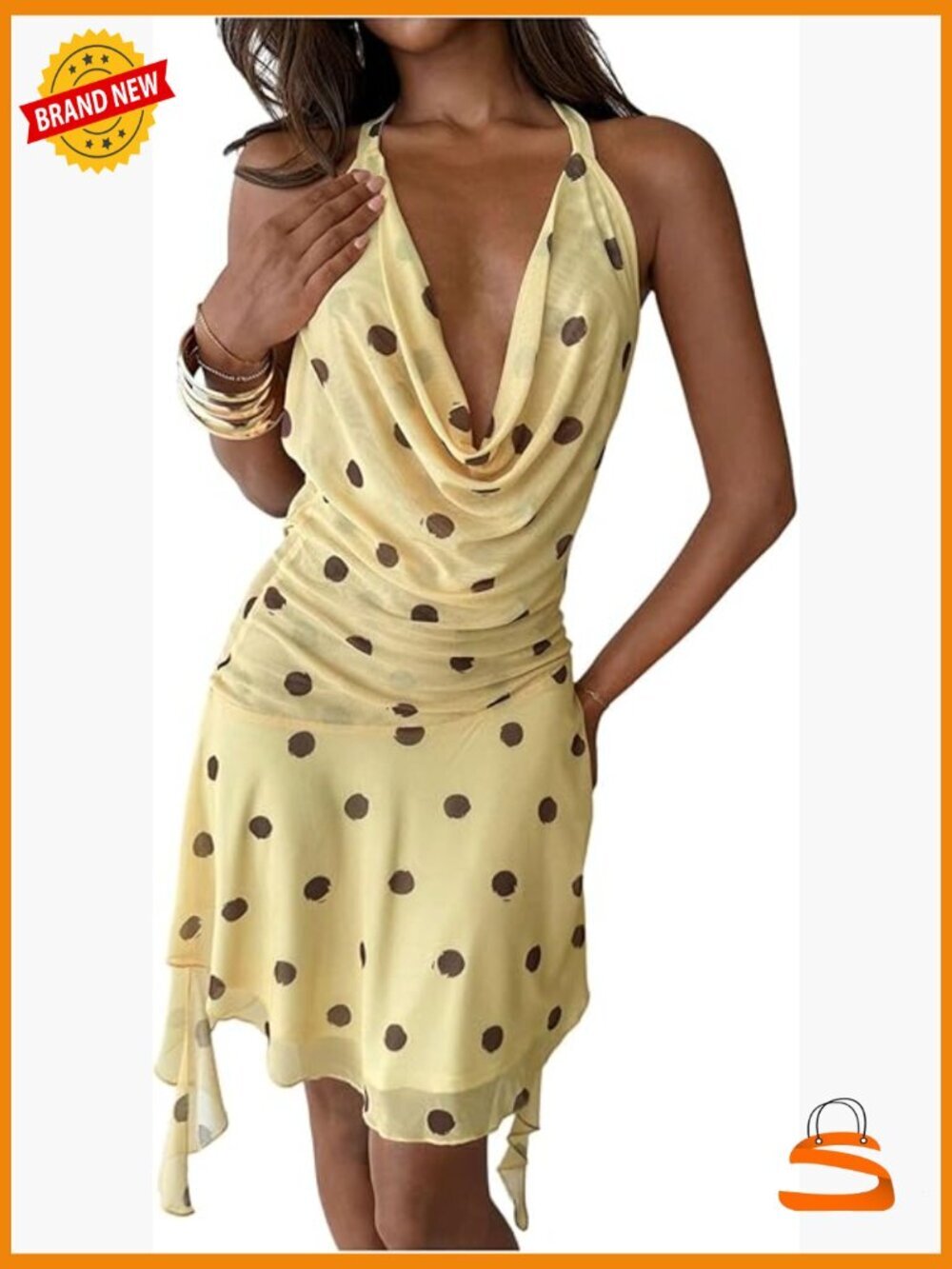 Polka Dot Halter Mini Dress Cowl Neck Backless Bodycon Y2K Retro Short Dress